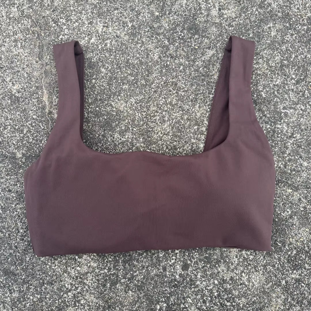 Solid Color Women Square Collar Hollow Back Shoulder Straps Fitness Sport Bra Top Comprehensive Training Gym Yoga Underwear Pad