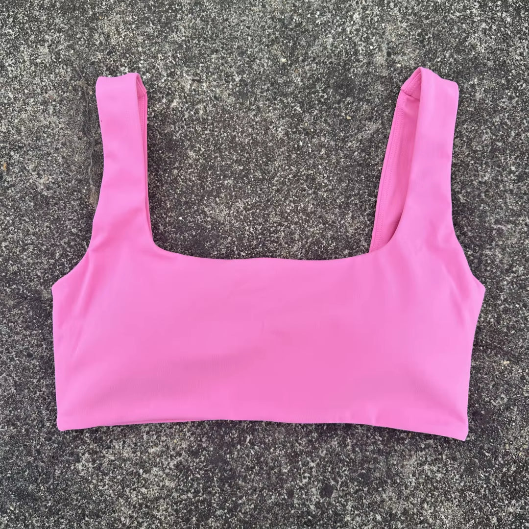 Solid Color Women Square Collar Hollow Back Shoulder Straps Fitness Sport Bra Top Comprehensive Training Gym Yoga Underwear Pad